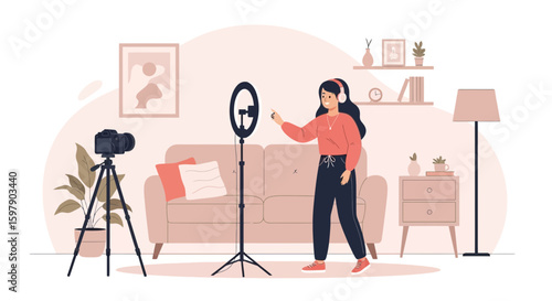 Young Woman Vlogger Recording Video Content At Home With Professional Equipment