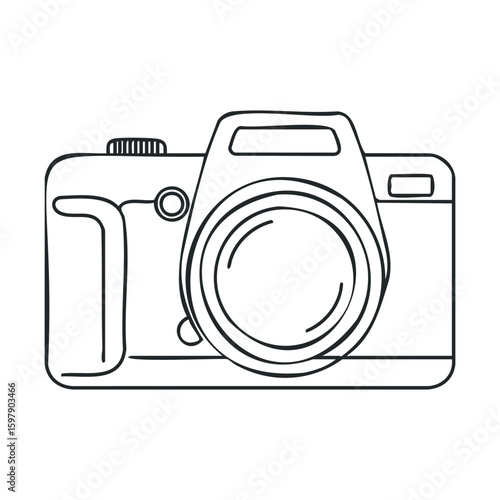 Simple outline drawing of dslr camera with lens on white background