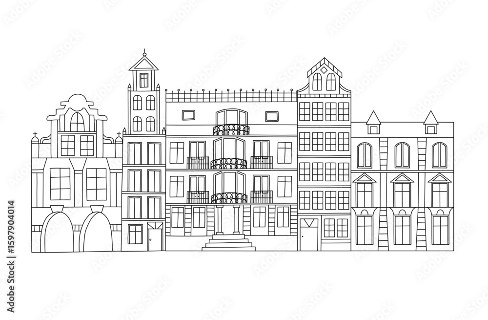 Obraz premium Tenement houses. Old, historical houses around the town market lined up. Simple line design. Black and white. No background 