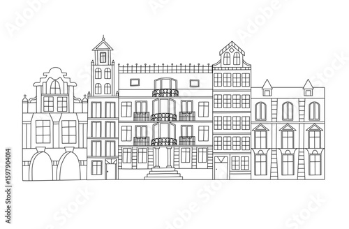 Tenement houses. Old, historical houses around the town market lined up.  Simple line design. Black and white. No background

