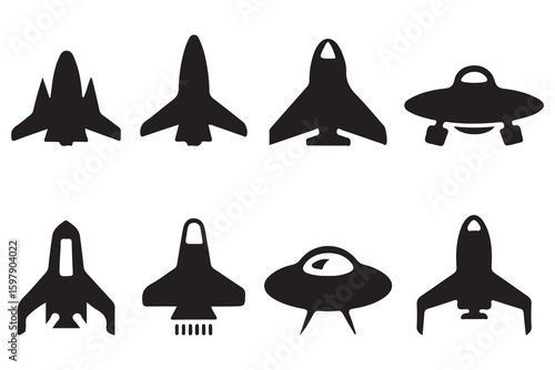 Silhouette Spacecraft Icons Vector Set – Rocket, Shuttle, UFO Clipart