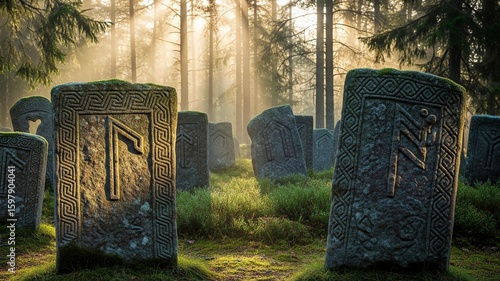 Ancient Rune Stones in Enchanted Forest Clearing with Sunlight and Nordic Heritage