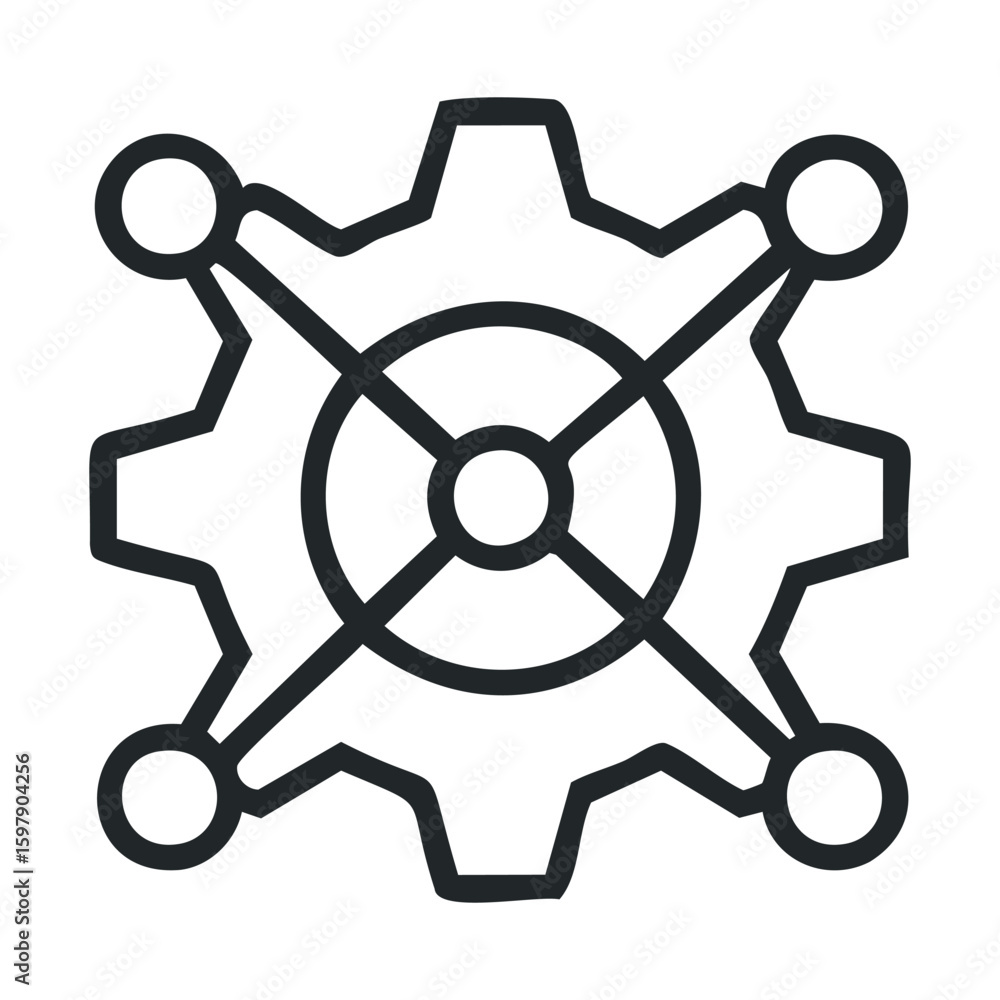Fototapeta premium Black and white line art of a gear and node structure symbolizing connectivity