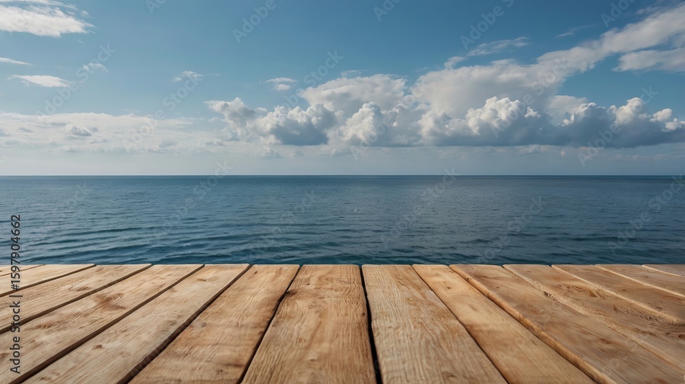 Fototapeta premium Wooden Terrace Table Overlooking Tranquil Summer Ocean View - 6