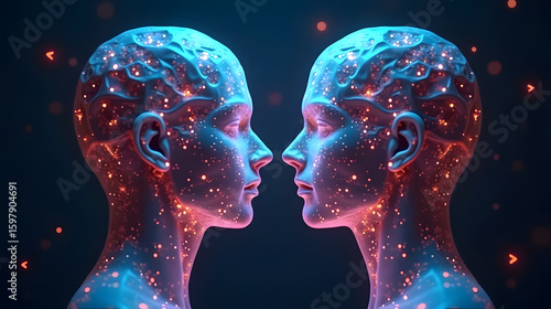 Two stylized human figures with glowing particles face each other in a futuristic representation of connection