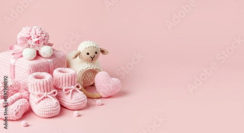 Baby girl items and accessories border frame isolated on pink background. Cute newborn clothes, toy and pacifier. Concept for a baby shower or birth announcement.