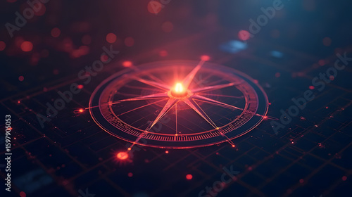 Glowing red compass with intricate radiating lines suggests navigation, strategy, and future direction concepts