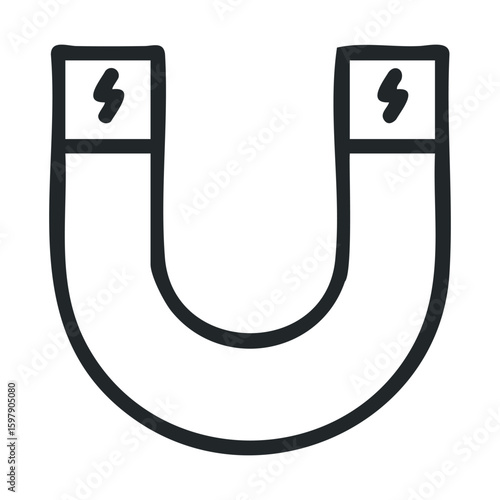Simple black and white horseshoe magnet illustration with polarity symbols