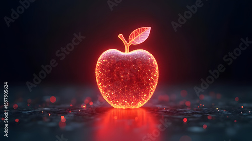 Glowing digital apple with connected dots and a leaf, representing technology or health concept, isolated on dark reflective surface