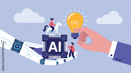 AI and Human Collaboration Concept — Robotic Arm with "AI" Block, Human Figures, and Light Bulb Representing Innovation and Partnership
