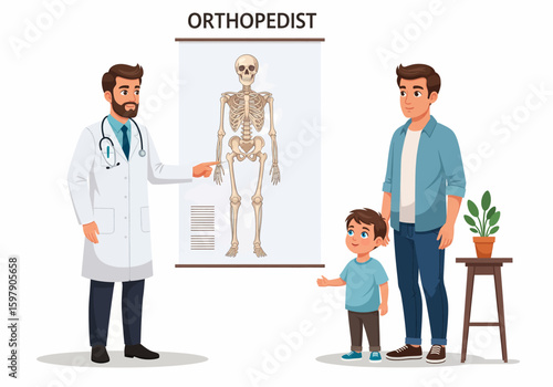Orthopedist doctor explains skeleton anatomy to a child and his father in a medical office.