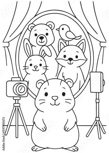 Coloring book guinea pig standing for a group photo with animal friends.