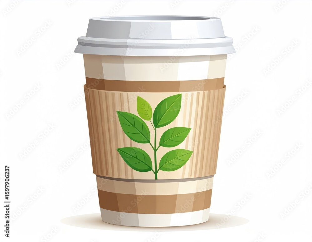 Eco-Friendly Coffee Cup With Plant Motif and Sleeve on White Background Eco-Friendly Coffee Cup With Plant Motif and Sleeve on White Background