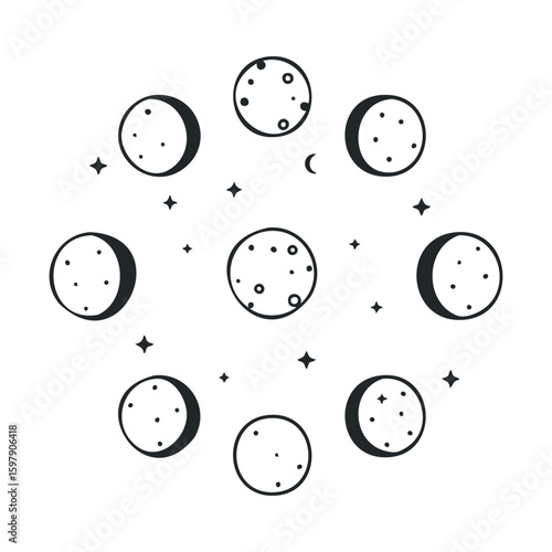 Lunar cycle phases: illustrated moon phases with stars