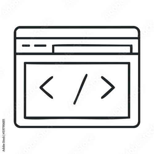 Simple web page icon with html code symbols in black and white line art style