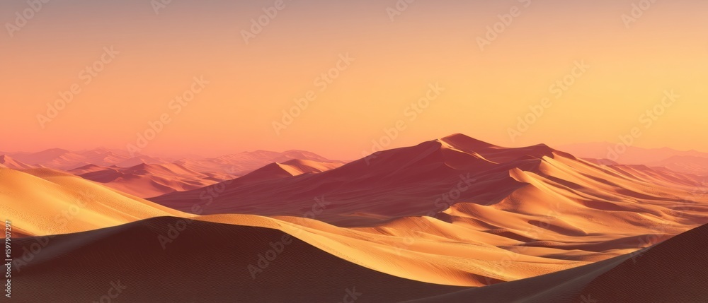 Obraz premium Golden desert landscape with rolling sand dunes under a warm sunset sky, creating a serene and vast vista perfect for travel, adventure, or nature themes.