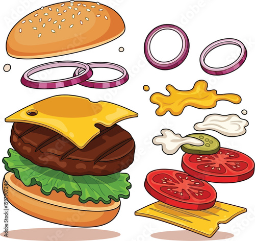 Cartoon burger with floating ingredients ready to be assembled and eaten