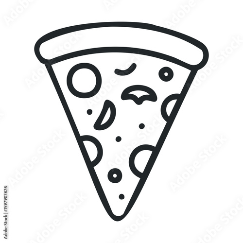 Slice of pizza with toppings - black and white line art drawing