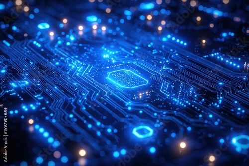 Blue illuminated circuit board showcasing technology and innovation