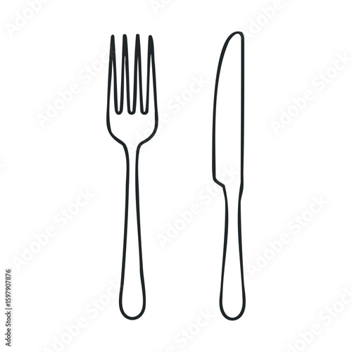Minimalist black and white fork and knife line drawing for dining theme