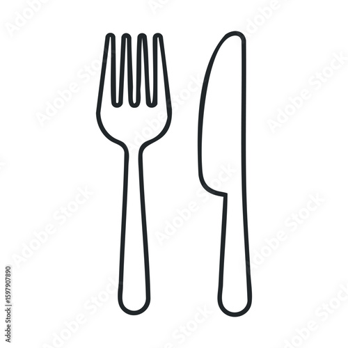 Simple black and white fork and knife icon for minimalist design projects