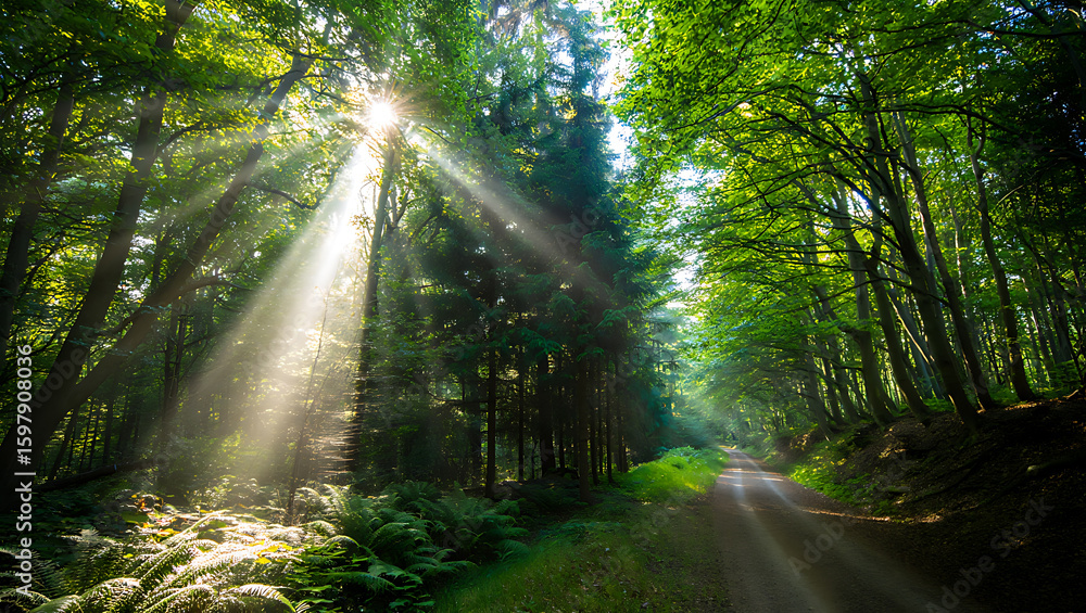 Obraz premium Sunbeams piercing through lush green forest canopy onto a dirt path sunlight trees