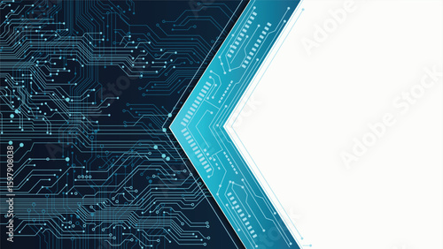 Abstract blue and white tech background with circuit board patterns and open white space for your content.