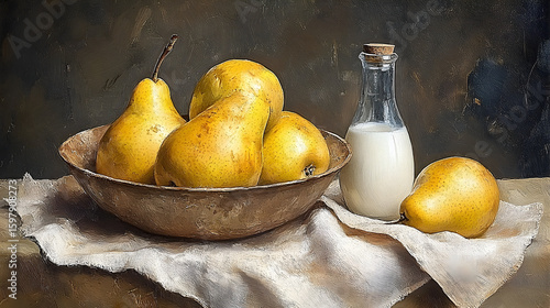 Golden Pears in Rustic Bowl with Milk Bottle Still Life