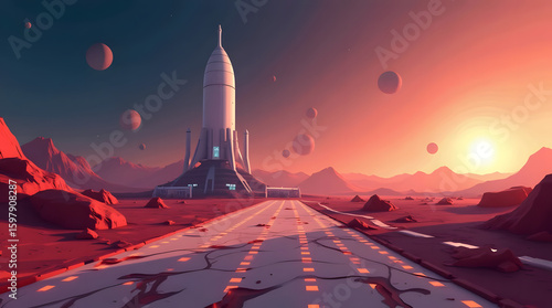 Futuristic rocket launch site on a distant planet with sunset and mountains in the background under a sky with planets