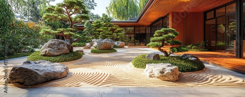 Japanese zen garden with raked sand, stones, and trees in a modern setting