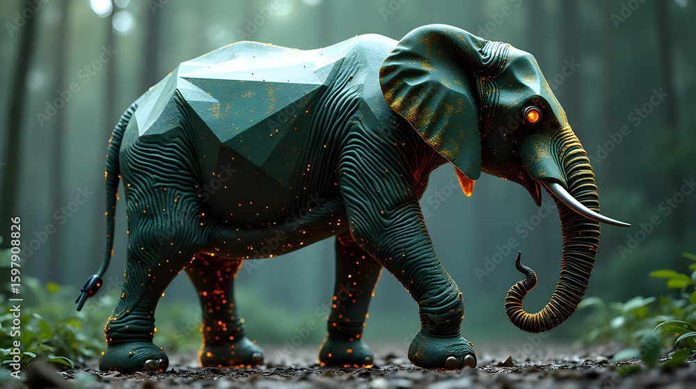 Obraz premium Futuristic elephant with geometric design and glowing eyes walking in a forest setting, creating a surreal and modern animal portrait