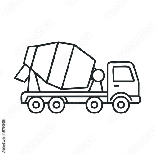 Outline drawing of cement mixer truck with five axles and drum