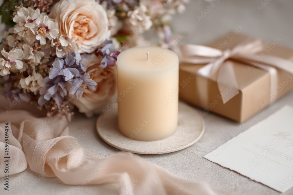 Elegant still life featuring a cream candle, delicate floral arrangement, and a wrapped gift, evoking a sense of calm and sophistication, perfect for lifestyle and event themes. Elegant still life featuring a cream candle, delicate floral arrangement, and a wrapped gift, evoking a sense of calm and sophistication, perfect for lifestyle and event themes.