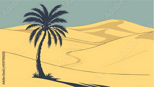 A solitary palm tree standing tall in the middle of vast, undisturbed golden sand dunes, under a wide, vibrant azure sky. Minimalist desert landscape with soft dune curves and warm sunlight.