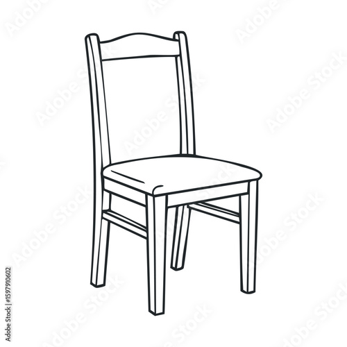 Line art illustration of a simple wooden chair with cushion seat