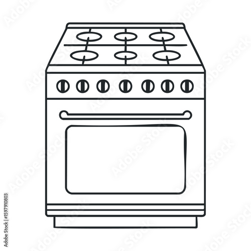 Outline drawing of a classic stove with six burners and oven door