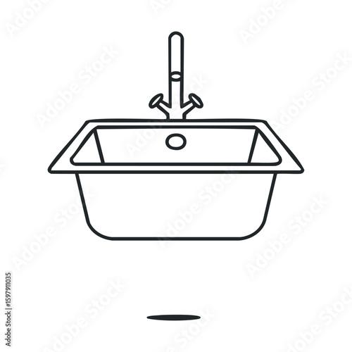 Minimalist black and white line art of a kitchen sink with faucet