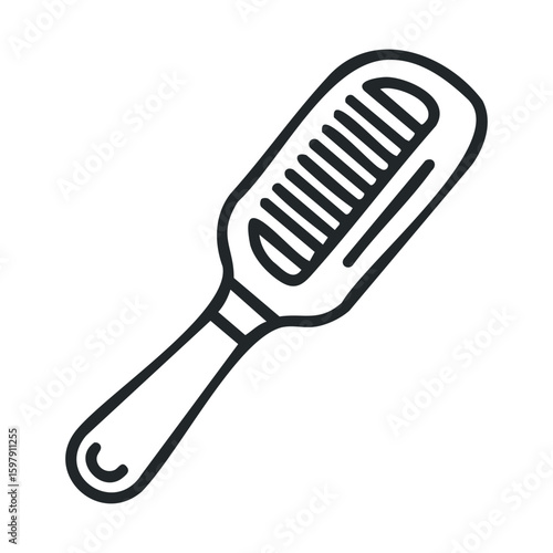 Black and white graphic of a hairbrush with handle and bristles