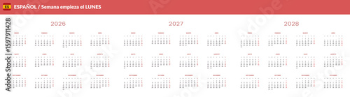 Set of annual Spanish language Calendar Templates 2026, 2027, 2028. Vector layout of wall or desk simple calendar with week start on Monday. Weekends highlighted in red. Pages A4-21x29.7cm for print
