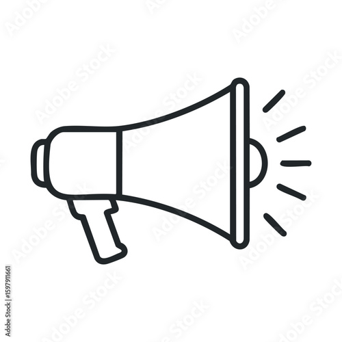 Minimalist megaphone icon: black and white line art with sound waves