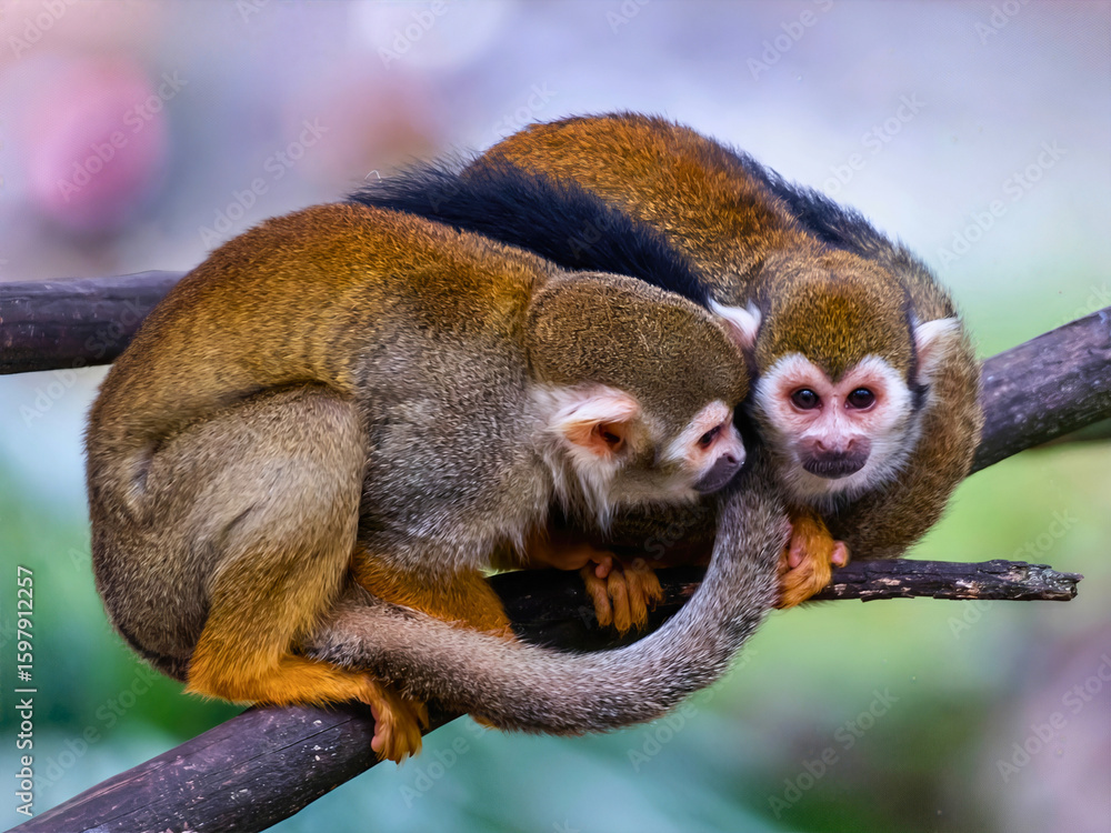 Fototapeta premium Squirrel Monkeys Cuddling on Tree Branch