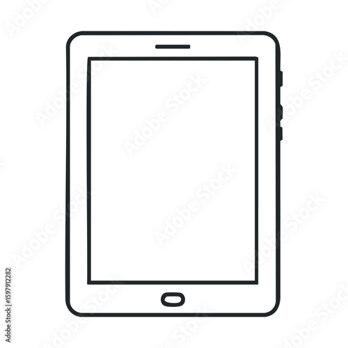 Minimalistic black and white tablet outline illustration with buttons and screen