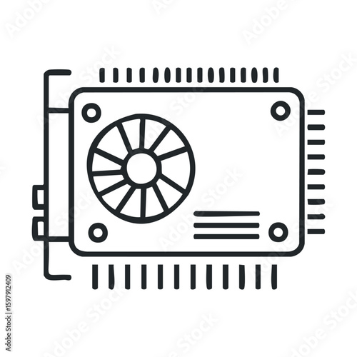 Simple black and white graphics card icon with fan and heat sink