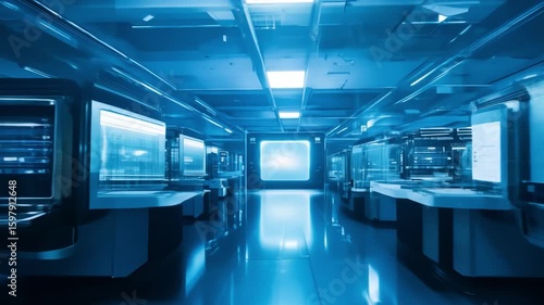 Futuristic laboratory with glowing screen showing data analysis