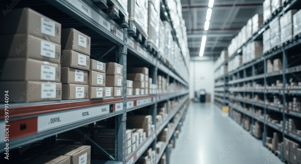 Fototapeta premium Efficient shelving system with labeled boxes in a brightly illuminated warehouse.