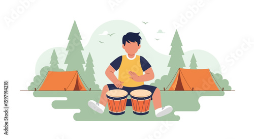 Camping Scene With Young Man Playing Bongo Drums In Natural Landscape