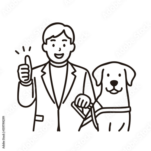 Guide‑dog handler man giving thumbs‑up, minimal line art illustration