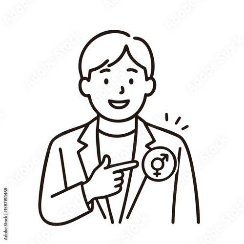 Man pointing at gender‑inclusive badge, minimal line art illustration