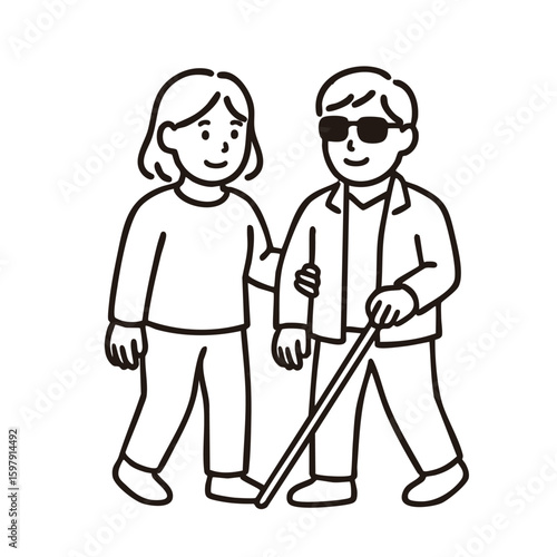 Woman assisting blind man with cane, minimal line art illustration