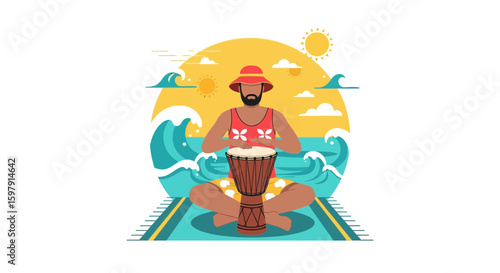 Carefree Musician Performing On Djembe During Holiday At Sea Beach Destination